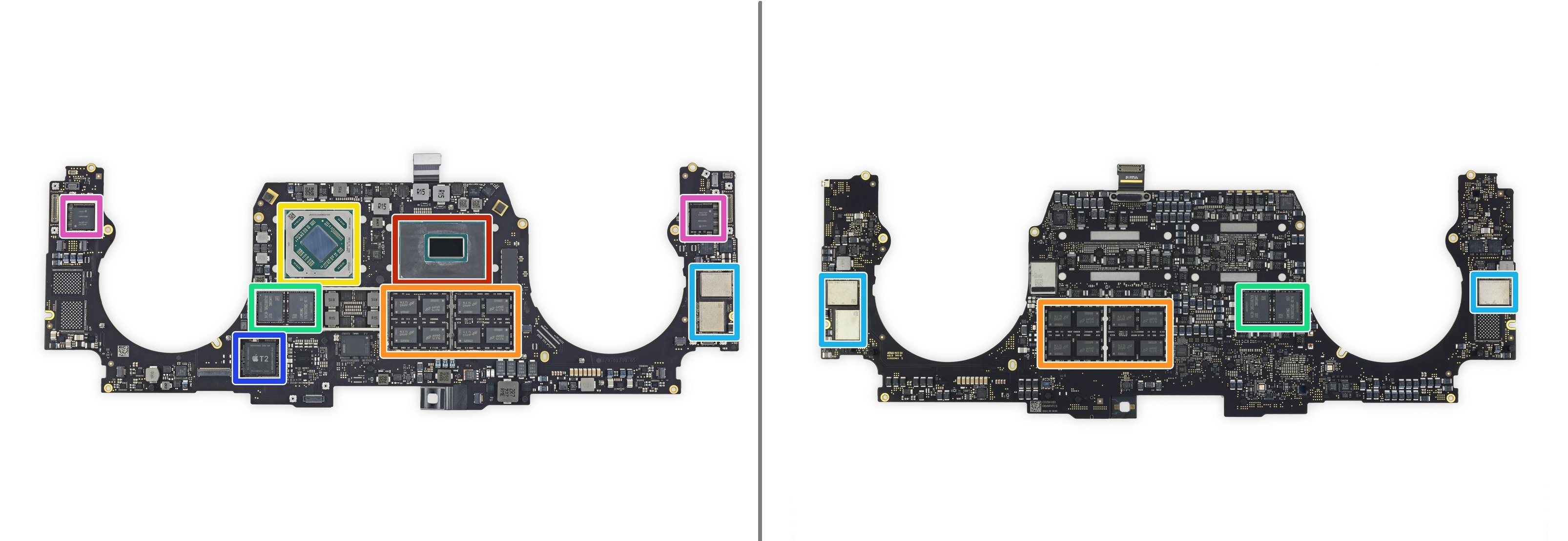 重頭戲來(lái)了，最新的MacBook Pro的“最強(qiáng)”芯片陣營(yíng)：  紅色：第九代Intel酷睿i7-9750H 6核處理器 橙色：16顆 美光 MT40A1G8SA-075 8 Gb DDR4 SDRAM（共16 GB） 黃色：AMD Radeon Pro 5300顯卡 綠色：4顆 三星 K4Z80325BC-HC14 8 Gb GDDR6 RAM（4GB顯存） 粉紫色：東芝  TSB4227VE8434CHNA11926 和 TSB4227VE8437CHNA11926閃存（共512 GB） 深藍(lán)色：蘋(píng)果 T2 APL1027 339S00536協(xié)處理器 淺藍(lán)色：Intel JHL7540雷靂3控制器 